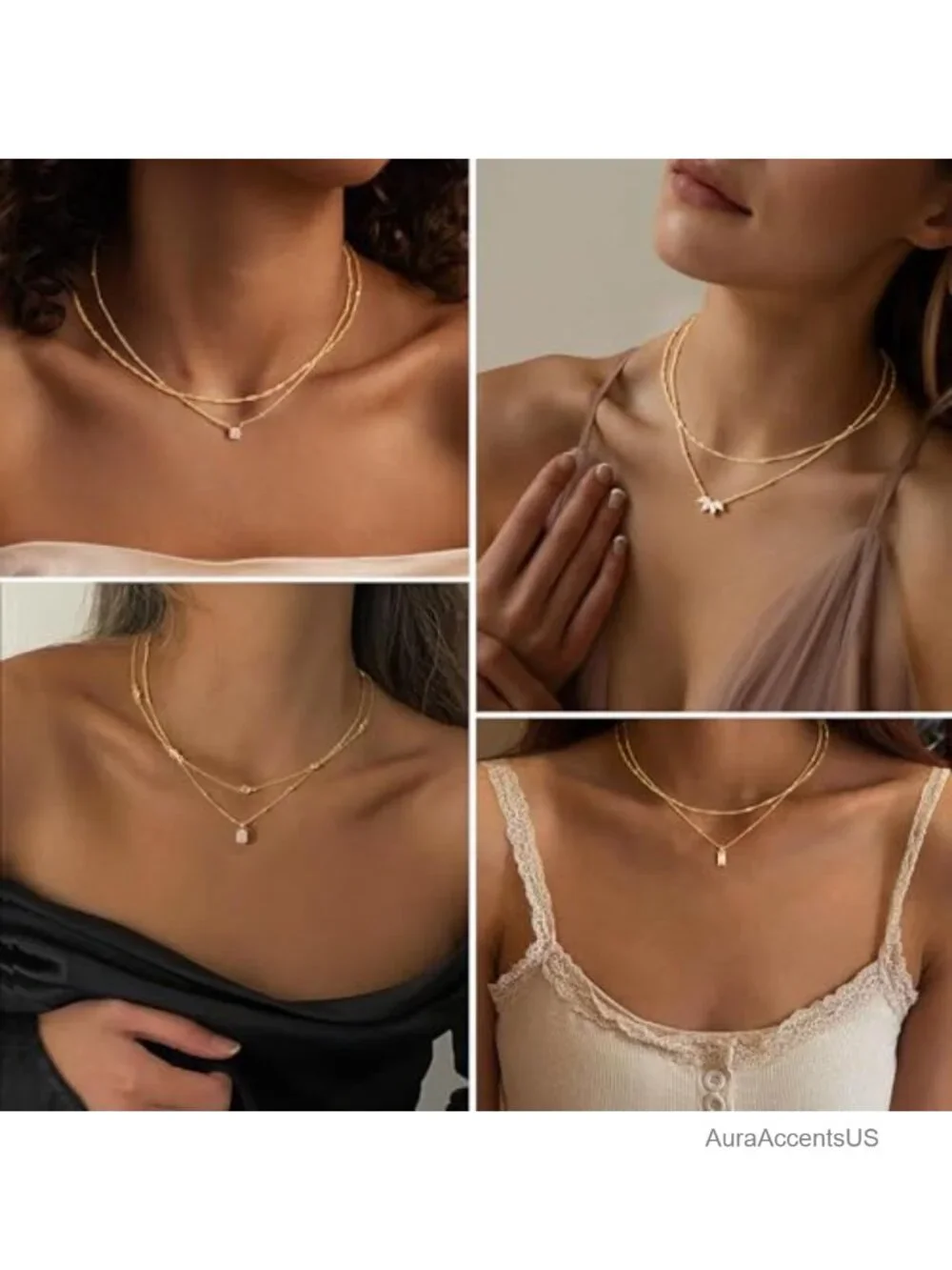 Layered 14K Gold Plated CZ Necklace Set Dainty Pendant Choker